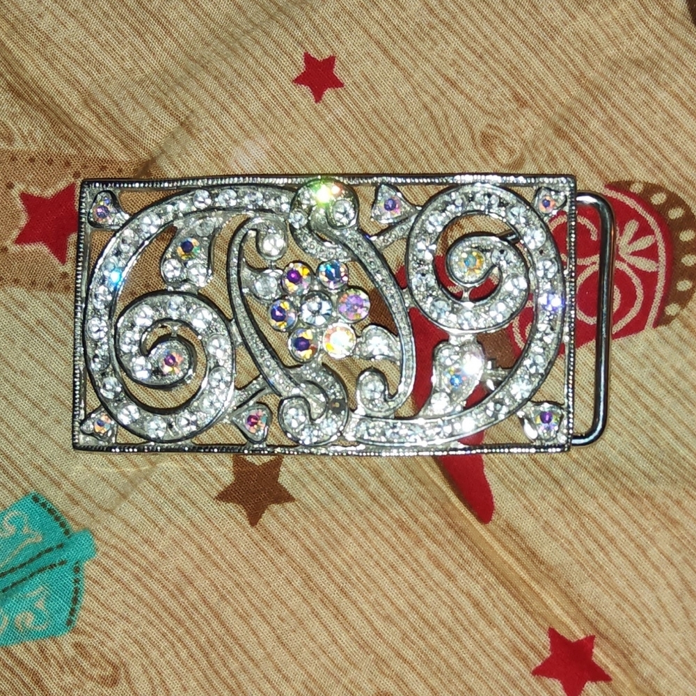 Women's Vtg Sparkling Silver and Crystal Accents Belt Buckle
